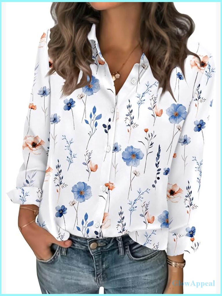 Long Sleeve Button Down Blouse With Pockets Business Casual Work Top